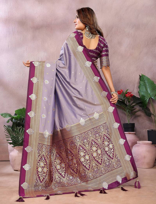 Lavender Pure Handloom Kalamkari Silk With Zari Woven Design Saree With Blouse