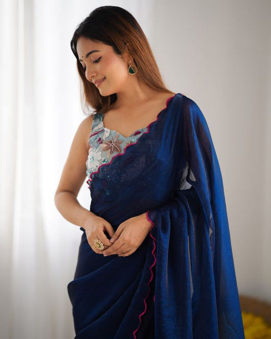 Petrol Color Beautiful Bollywood Style Ceremonial Saree With Beeds Work Blouse