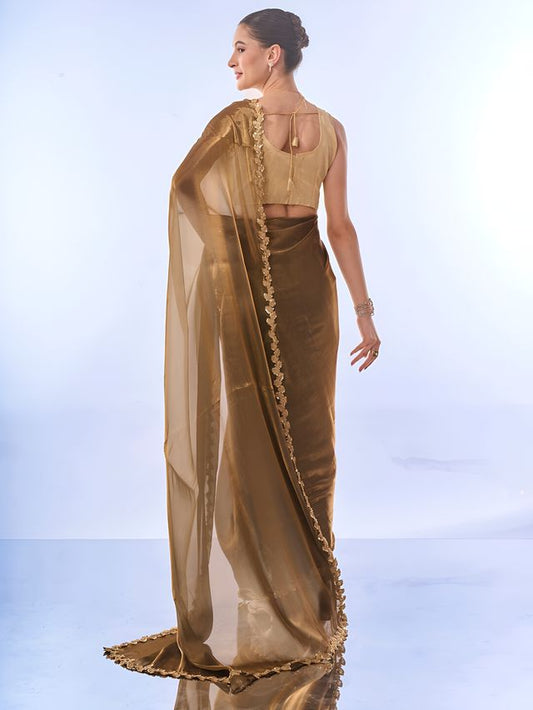 Gold Color Jimmy Choo Fabric Saree With Sequance Codding Lace Border Ethnic Girlie Saree