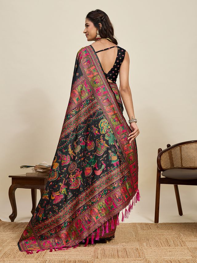 Black Color Beautiful Silk Blended Meenakari Designer Ethnic Partywear Saree