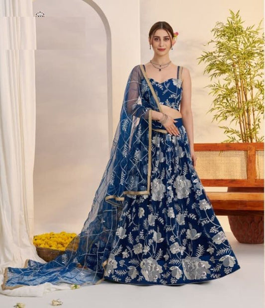 Peacock Blue Heavy Embroidery Net Semi Stitch A Line Lehenga With Blouse