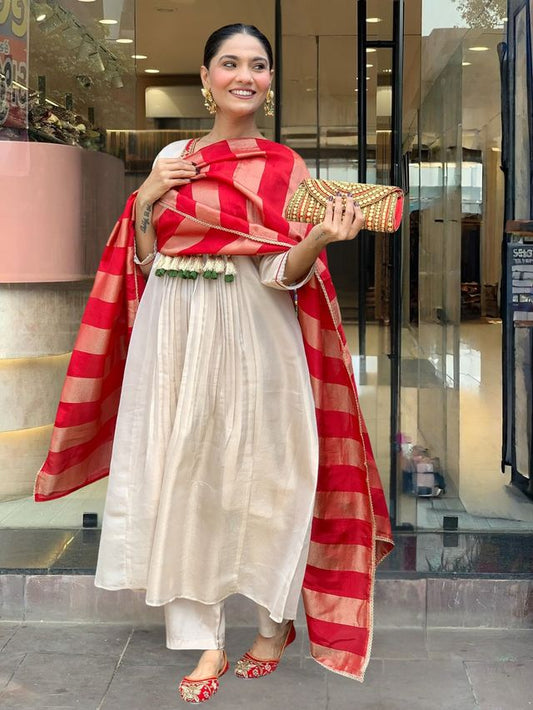 Red Color Beautiful Silk Fabric Designer Ceremonial Readymade Suit