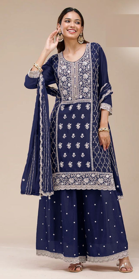 Blue Color Georgette Fabric Designer Embroidered Palazzo Suit For Girls