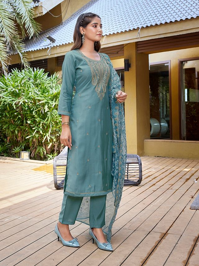 Light Blue Color Stylish Partywear Readymade Ethnic Suit