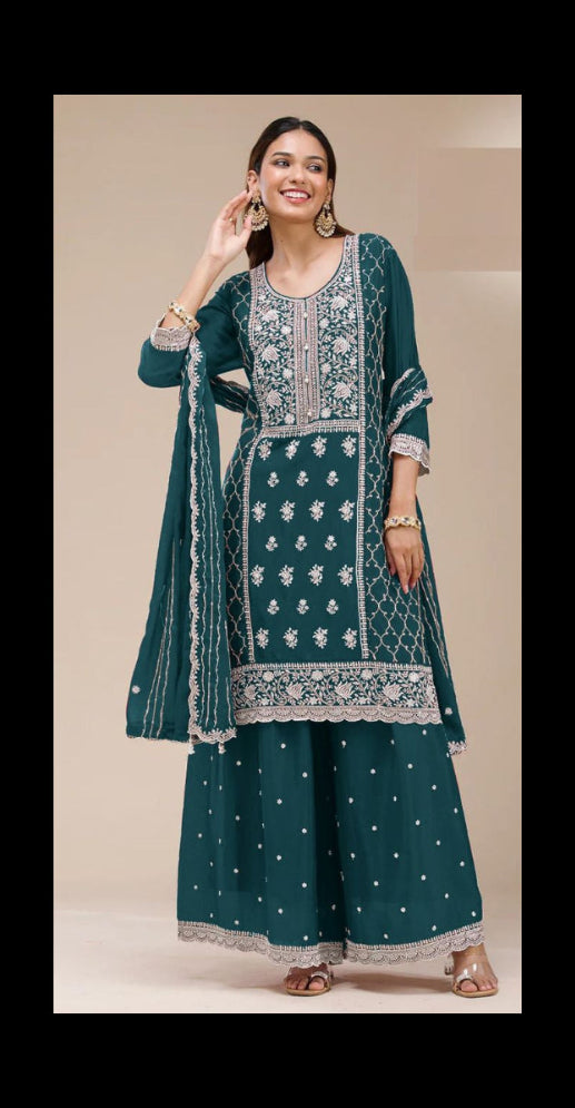 Rama Color Georgette Fabric Designer Embroidered Palazzo Suit For Girls