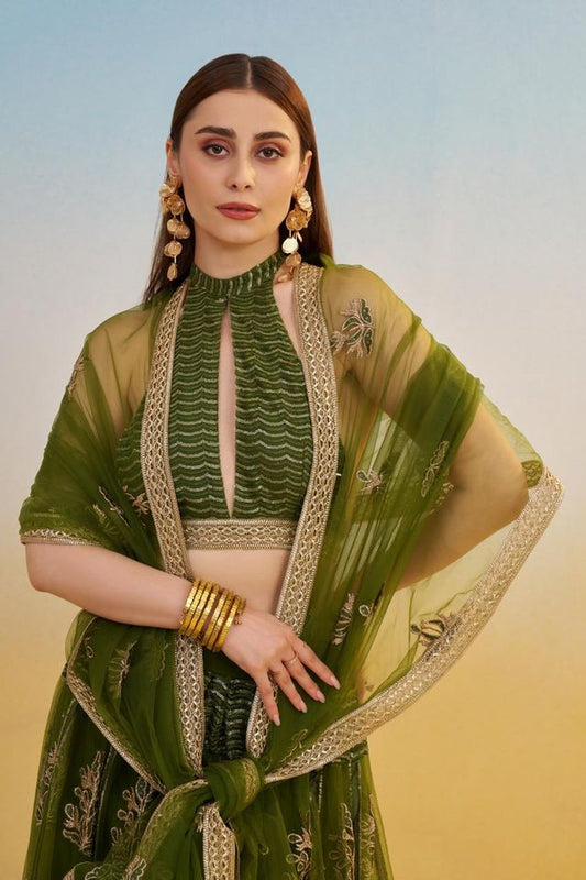Mehndi Green Heavy Embroidery Net Semi Stitch A Line Lehenga With Blouse