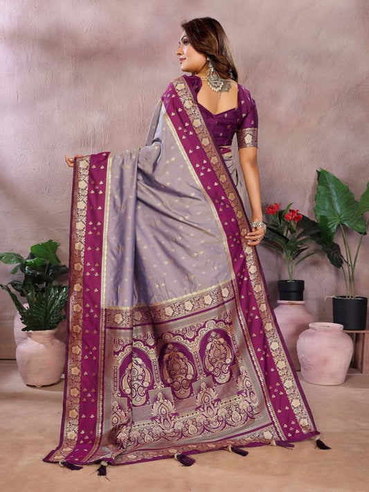 Silver Grey Color Handloom Silk Fabric Weaving Designer Ethnic Partywear Saree