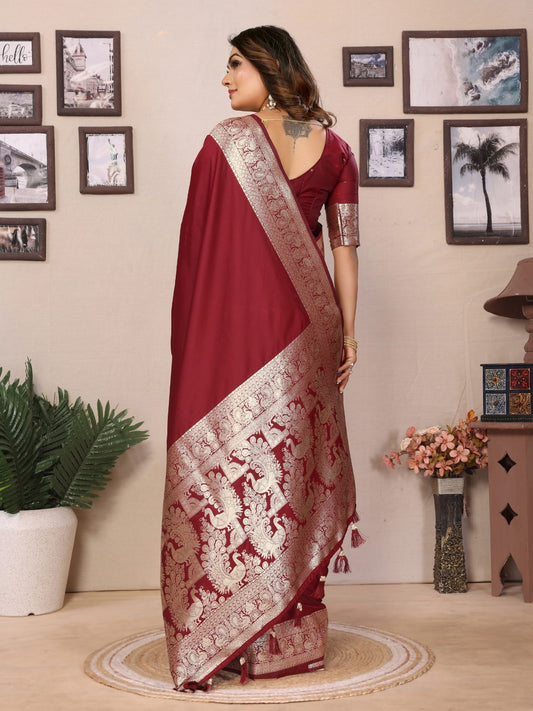 Maroon Banarasi Silk Saree With Weaving Work