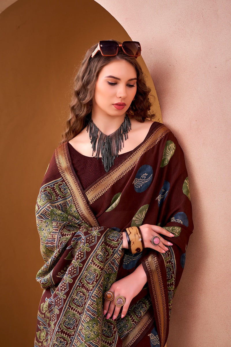 Maroon P.V Chanderi Printed Casual Saree With Unstitched Blouse