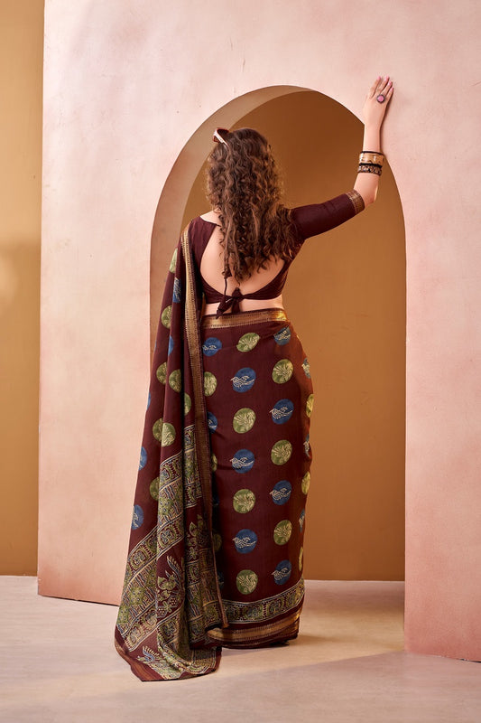 Maroon P.V Chanderi Printed Casual Saree With Unstitched Blouse