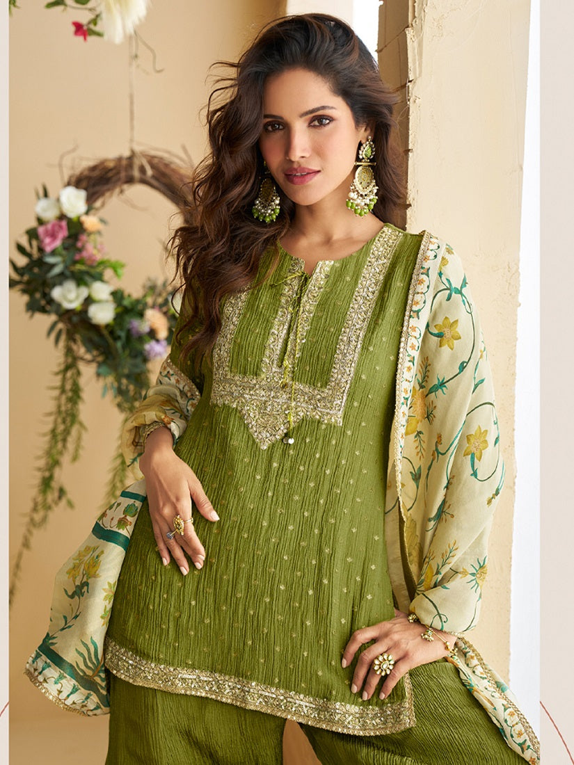 Women's Mehendi Chinon Silk Zari Embroidered Sequins Sharara Suit