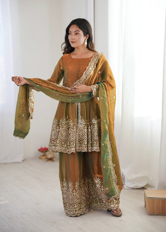 Mehendi Fendy Satin With Embroidered Real Mirror Work Plazzo Set