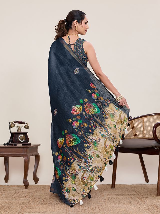 Grey Color Linen Silk Fabric Ethnic Partywear Saree