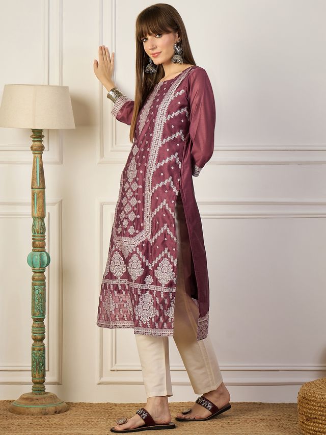 Lavender Color Cotton Silk Fabric Woven Designer Ethnic Formal Kurta