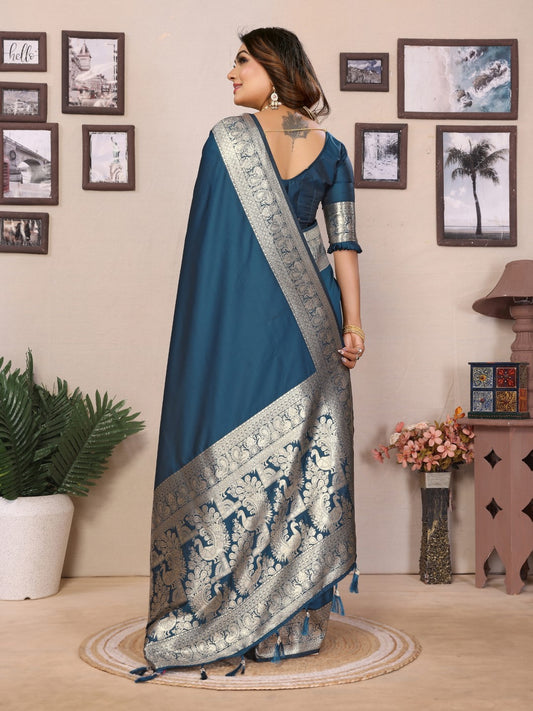 Aqua Blue Banarasi Silk Saree With Weaving Work