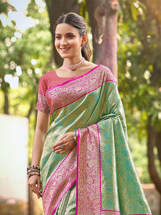 Teal Color Kanjivaram Silk Ethnic Fancy Meenakari Designer Saree
