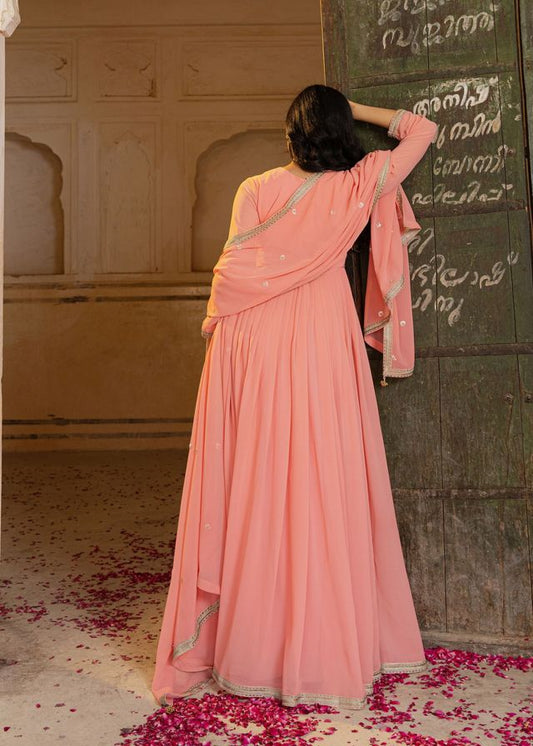 Peach Color Georgette Fabric Designer Embroidered Partywear Gown For Girlie Looks