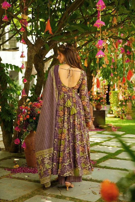 Purple Color Muslin Fabric Designer Digital Printed Palazzo Suit
