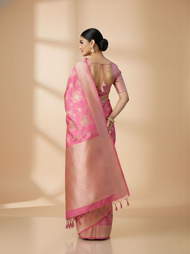 Pink Color Ethnic Crepe Silk Fabric Woven Jacquard Designer Ceremonial Saree