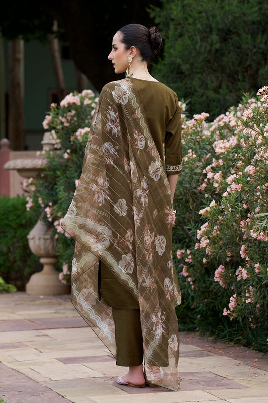 Mahendi Color Viscose Rayon Fabric Beautiful Embroidered Kurta Set With Dupatta