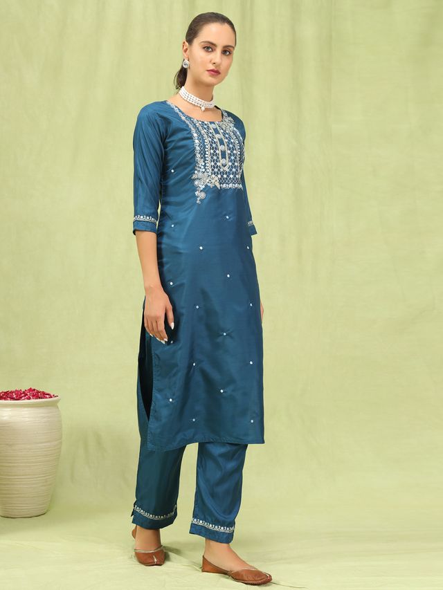 Blue Color Silk Blend Fabric Designer Embroidered Suit
