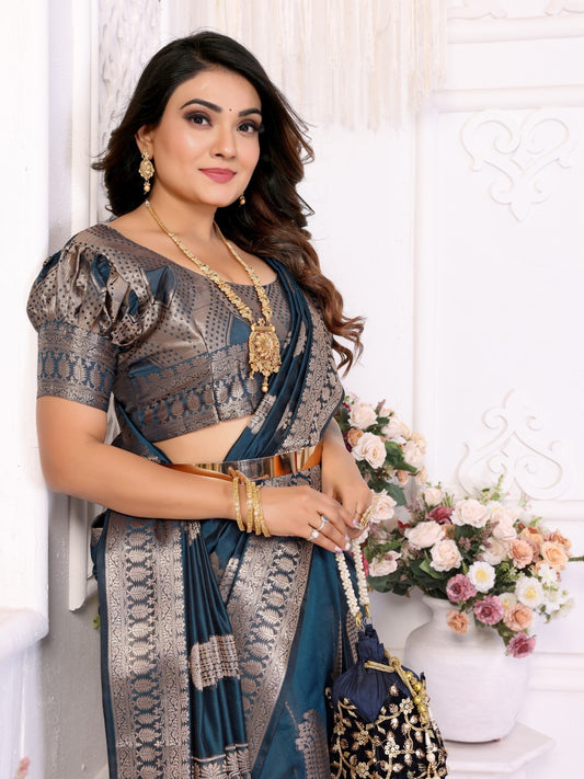 Navy Blue Weaving Soft Organza Saree With Blouse