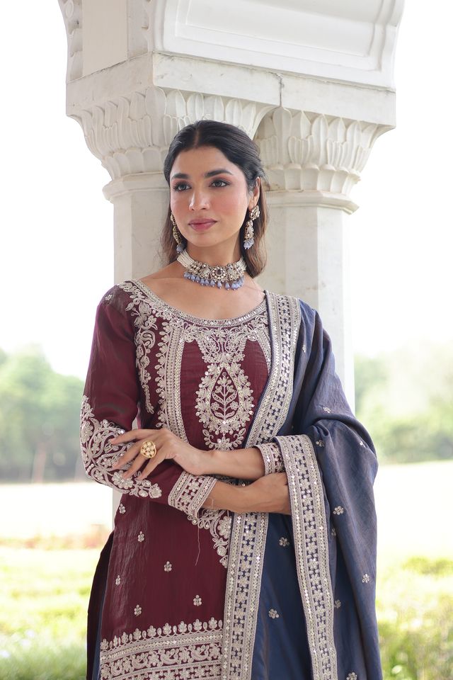 Maroon Color Designer Ethnic Heavy Partywear Suit For Ceremonial Looks