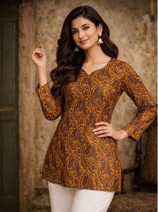 Orange Color Designer Digital Printed Muslin Fabric Foral Ethnic Kurta
