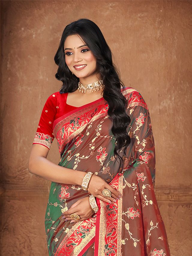 Green Color Silk Fabric Woven Designer Ethnic Partywear Saree