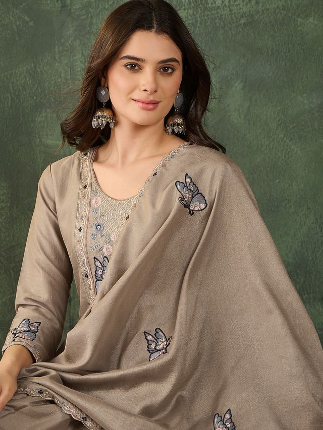 Chiku Color Vichitra Silk Fabric Designer Embroidery Work Graceful Partywear Suit