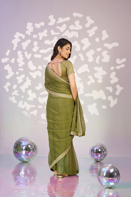 Green Color Ethnic Embroidered Simmer Chiffon Fabric Girlie Partywear Saree