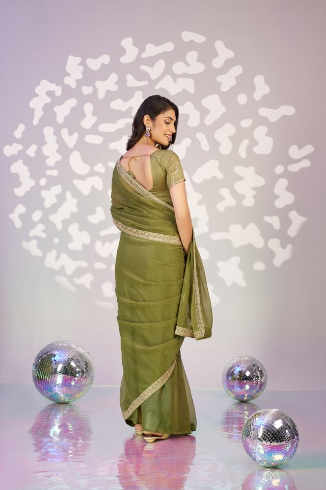 Green Color Ethnic Embroidered Simmer Chiffon Fabric Girlie Partywear Saree