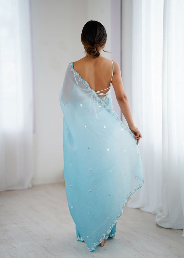Sky Blue Color Chiffon Crush Fabric Beautiful Sophisticated Work Ceremonial Saree