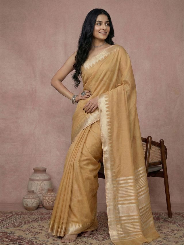 Gold Color Blended Cotton Woven Designer Ceremonial Sober Looks Saree