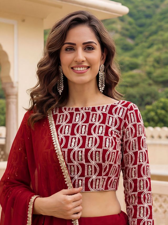 Red Color Georgette Fabric Designer Embroidered Lehenga Choli For Ceremonial Looks