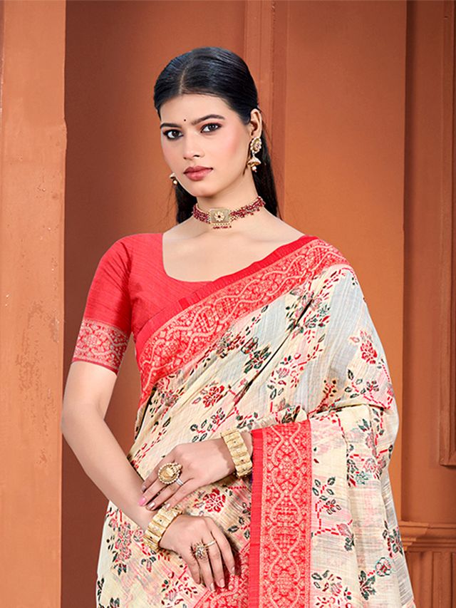 Beige Color Cotton Silk Fabric Woven Meenakari Designer Ethnic Saree