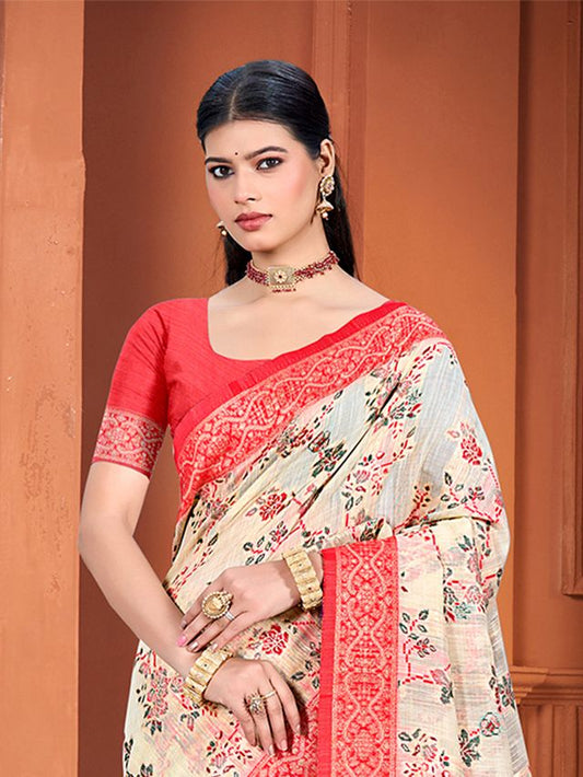 Beige Color Cotton Silk Fabric Woven Meenakari Designer Ethnic Saree