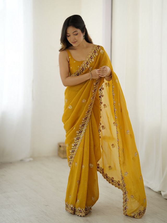 Mustard Color Crunchy Fabric Beautiful Partywear Saree For Girlie Looks