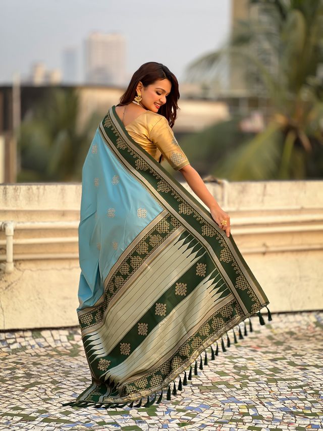 Sky Blue Color Soft Silk Woven Designer Saree For Ceremonial Looks