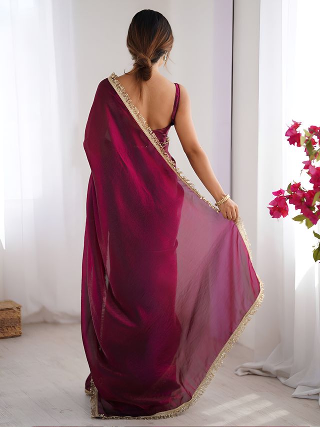 Wine Color Space Silk Fabric Saree With Zalar Lace Border Ethnic Girlie Saree
