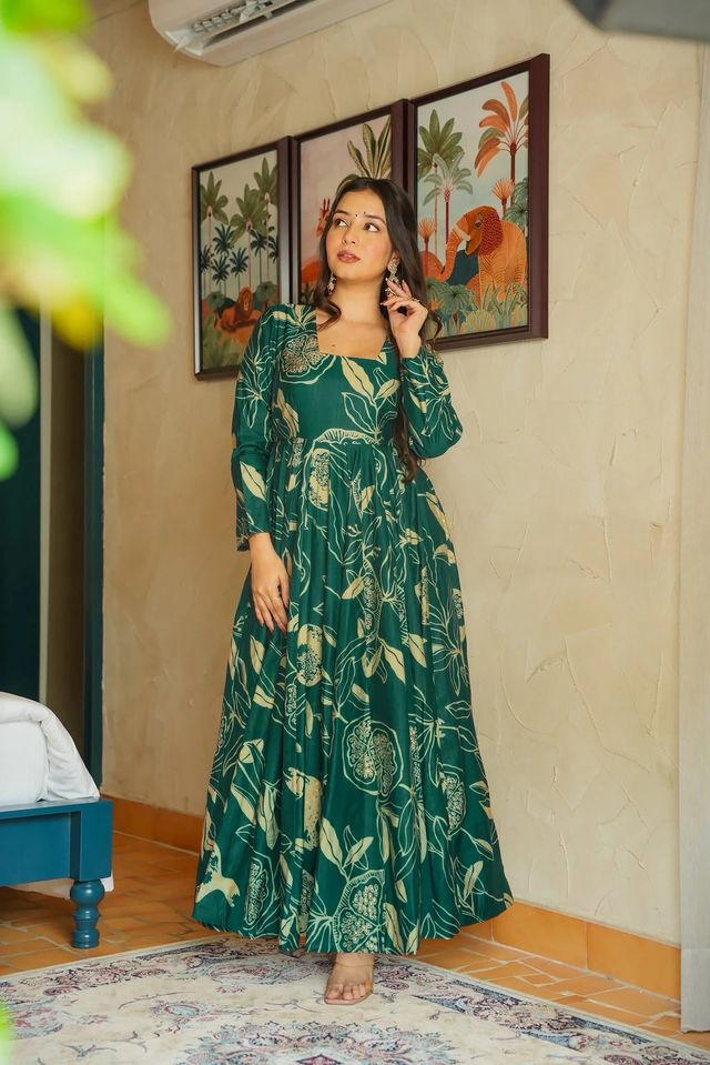 Festive wear gown collection digital printed work Rama And Gold