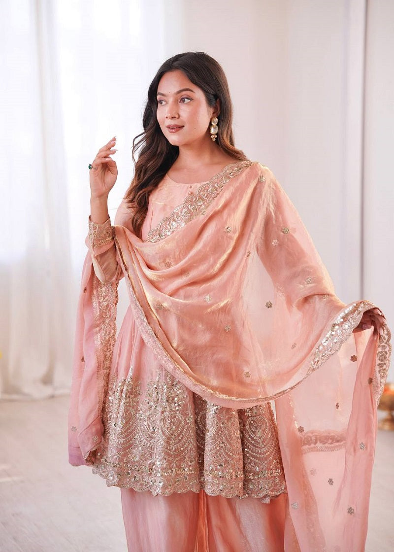 Peach Fendy Satin With Embroidered Real Mirror Work Plazzo Set