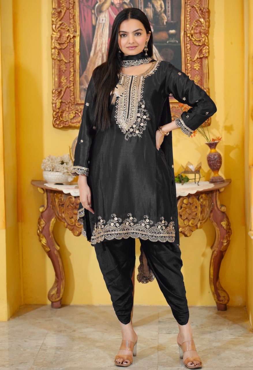 21 Black Heavy Chinon Suit With Sequence Embroidered Work