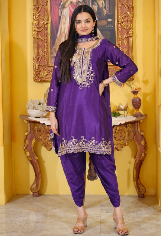 21 Purple Heavy Chinon Suit With Sequence Embroidered Work