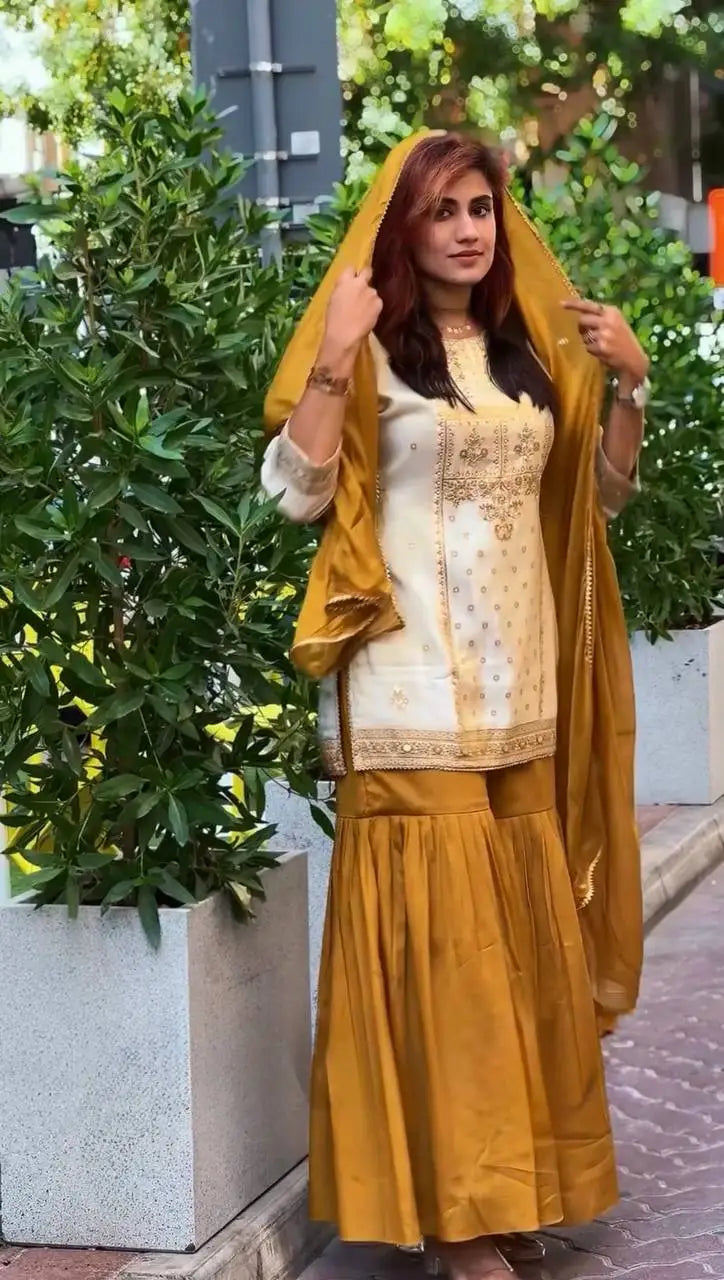 Women's Beautiful Thread Work Natural Crep Fabric Straight Kurta Sharara and Dupatta Set