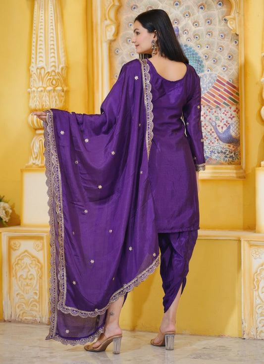 21 Purple Heavy Chinon Suit With Sequence Embroidered Work