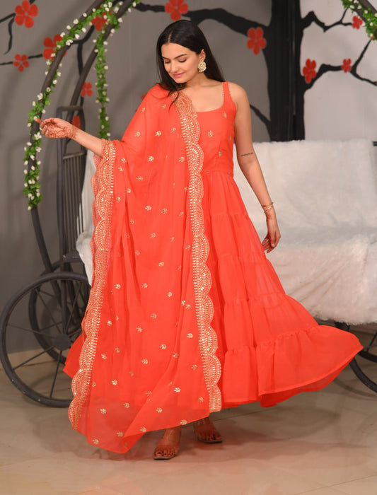 Orange Heavy Fox Georgette Suit With Sequence Embroidered Work