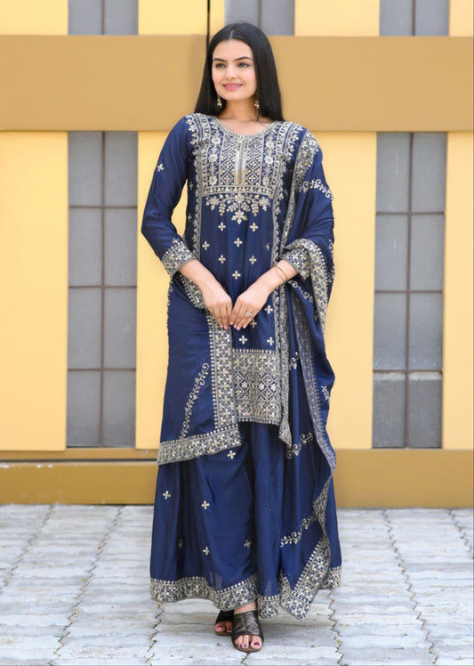 Blue Heavy Chinon Suit With Sequence Embroidered Work