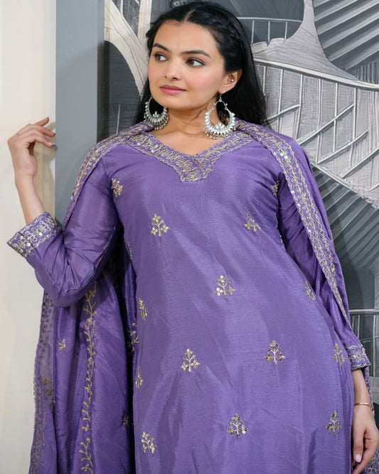 Heavy Chinon Suit With Sequence Embroidered Work 35 Lavender