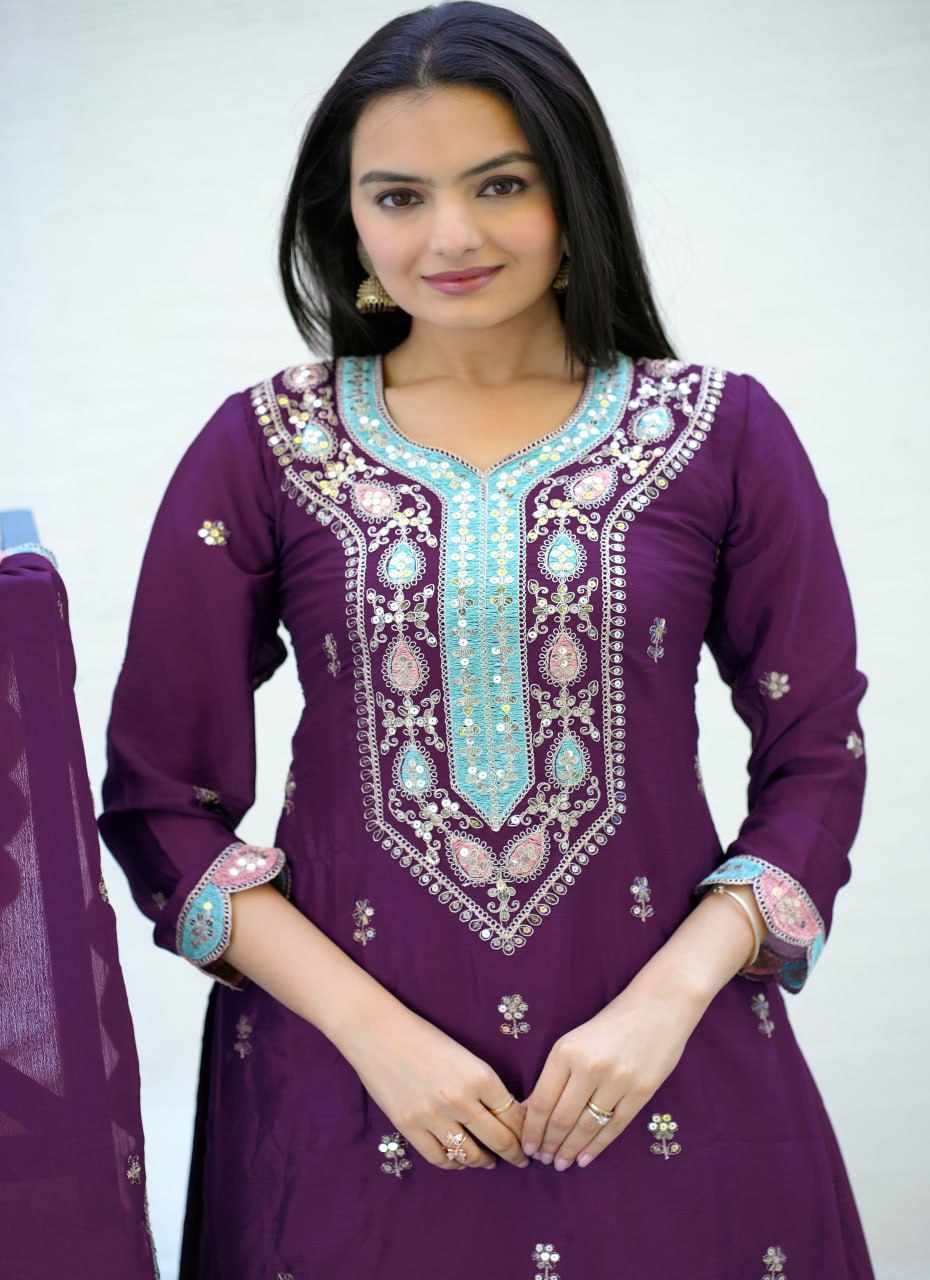 Heavy Fox Georgette Suit With Sequence Embroidered Work 23 Wine